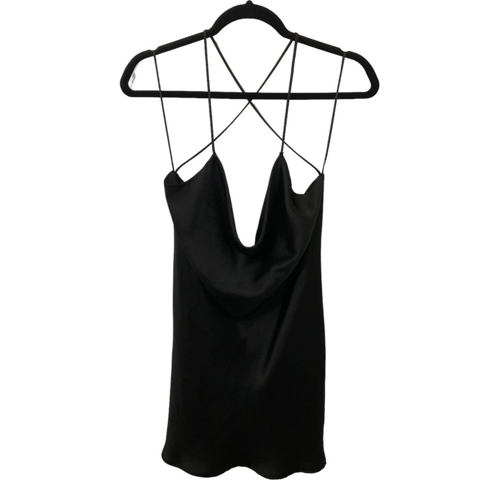 Zara Solid Black Cowl Neck Front Criss Cross Back Slip On Mini Dress S